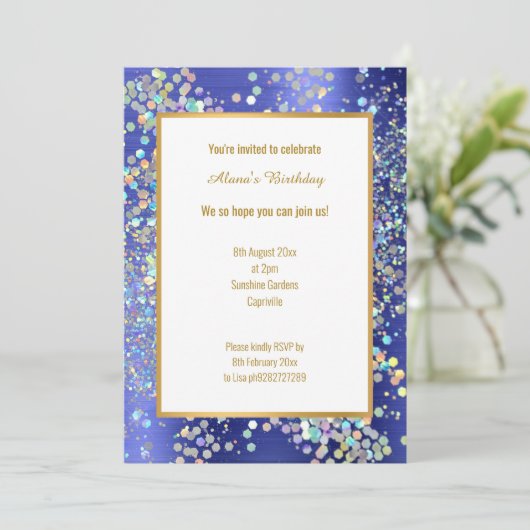 PASTEL ROYAL BLUE TEXTURED HOLOGRAPHIC INVITATION EINLADUNG (Stehend Vorderseite)