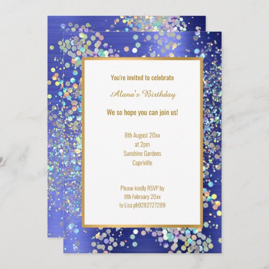 PASTEL ROYAL BLUE TEXTURED HOLOGRAPHIC INVITATION EINLADUNG (Vorne/Hinten)