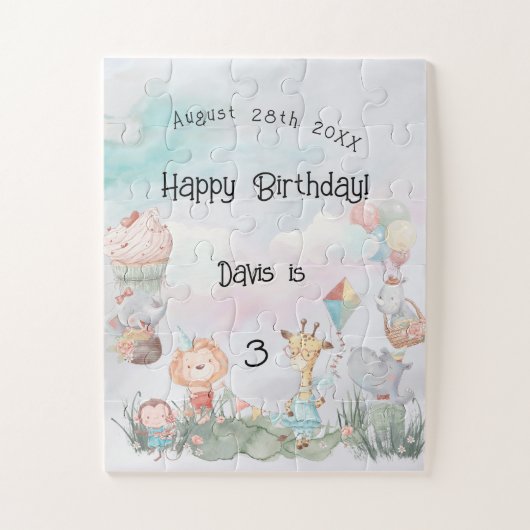 Pastel Safari Tiere Personalisiert Geburtstagspart Puzzle (Vertikal)