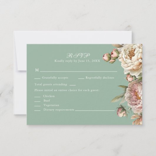 Pastel Sage Green and Blush Pink Peonies RSVP Card (Vorderseite)