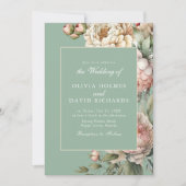 Pastel Sage Green Blush Peony Wedding Einladung (Vorderseite)