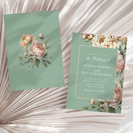 Pastel Sage Green Blush Peony Wedding Einladung