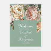 Pastel Sage Green Blush Pink Peony Wedding Willkom Acrylschild (Vorderseite)