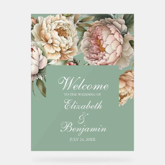 Pastel Sage Green Blush Pink Peony Wedding Willkom Acrylschild (Vorderseite)