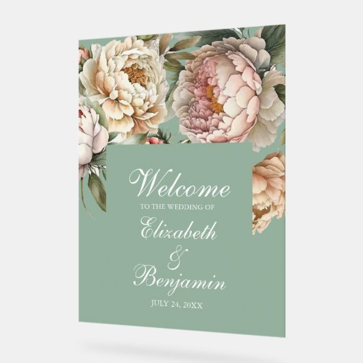 Pastel Sage Green Blush Pink Peony Wedding Willkom Acrylschild (Winkel)