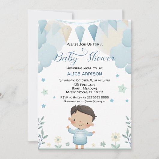 Pastel Sage Green Niedlich Boy mit Sternen und Blu Einladung (Vorderseite)