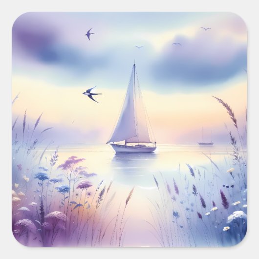 Pastel Sailboat Coastal Dreamscape Quadratischer Aufkleber (Vorderseite)