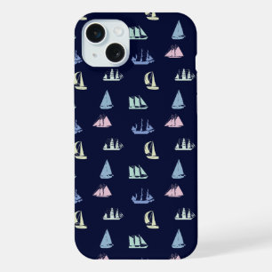 Pastel Sailboat Pattern in Midnight Blue iPhone 15 Plus Hülle