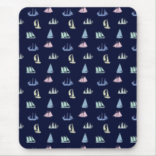 Pastel Sailboat Pattern in Midnight Blue Mousepad