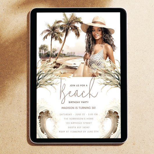 Pastel Sand Birthday Beach Party Afro Einladung