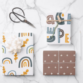 Pastel Scandi Rainbow Tree Text Weihnachten Geschenkpapier Set