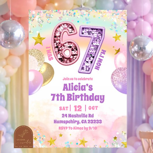 Pastel-Sequenzer-Glitter 67 Mädchen-Geburtstag Einladung