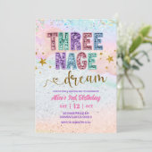 Pastel-Sequenzer-Glitter-Dreijährige-Traum-Geburts Einladung (Stehend Vorderseite)