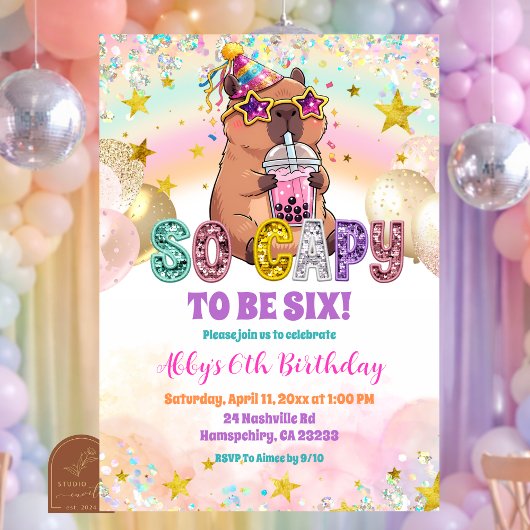 Pastel Sequin Glitter Capybara Birthday Invitation Einladung