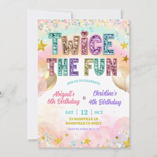 Pastel Sequin Glitter Double Birthday Einladung (Vorderseite)