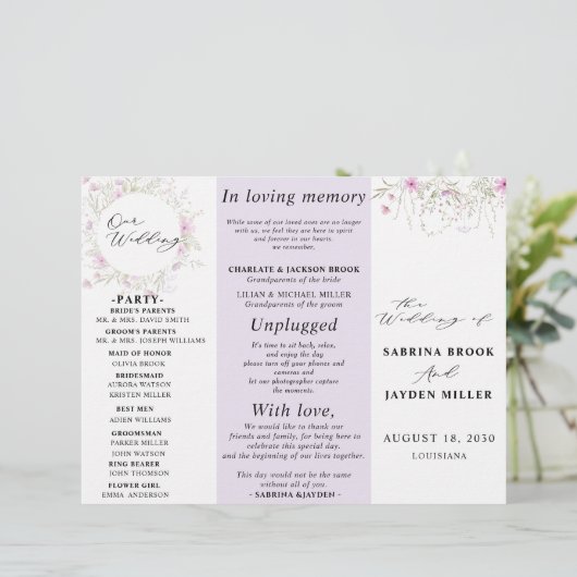 Pastel Shade Pink Wild Floral Wedding Program (Stehend Vorderseite)