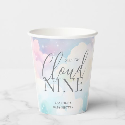 Pastel She's on Cloud Nine Baby Shower Pappbecher (Rückseite)