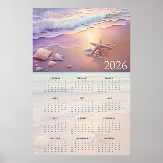 Pastel Shoreline 2026 Calendar with Seashells Poster (Vorne)