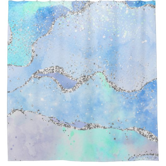 *~* Pastel Sky Blue Agate Holo GLITZER Ozean AP8 Duschvorhang (Vorderseite)