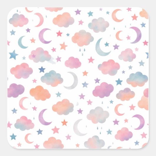 Pastel Sky Dreams - Moon, Stars & Clouds Muster Quadratischer Aufkleber (Vorderseite)