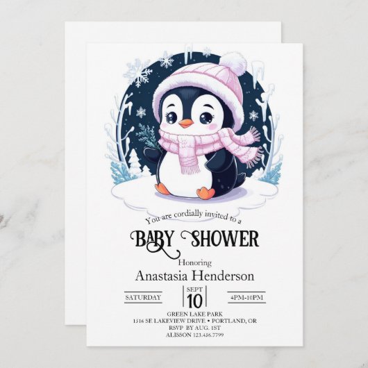Pastel Snow Penguin Babydusche Einladung (Vorne/Hinten)