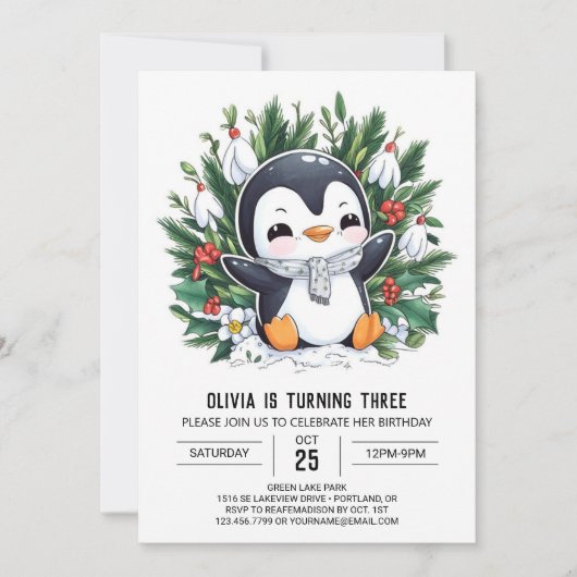 Pastel Snow Penguin Digital Geburtstag Einladung (Vorderseite)