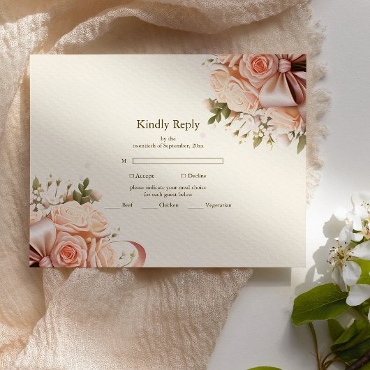 Pastel Soft Blush Peach Floral Wedding RSVP Karte