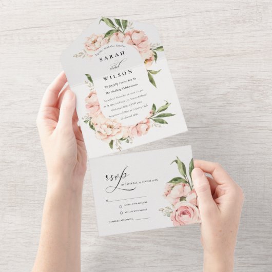 Pastel Soft Blush Peach Peony Floral Wedding All In One Einladung (Abreißen)
