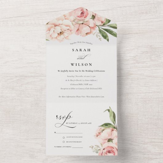 Pastel Soft Blush Peach Peony Floral Wedding All In One Einladung (Innen Boden)