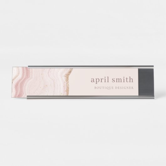 Pastel Soft Blush Rose Gold Agate Marmortextur Schreibtischnamensplakette (Vorderseite )