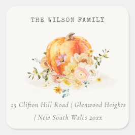 Pastel Soft Floral Pumpkin Erntedank Adresse Quadratischer Aufkleber