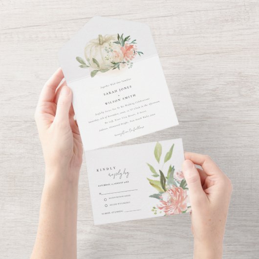 Pastel Soft White Pumpkin Blush Floral Wedding All In One Einladung (Abreißen)