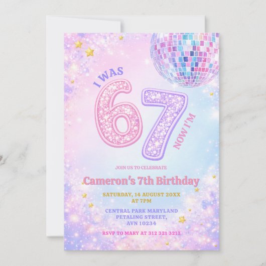 Pastel Sparkle Disco Glam 67 Kids Birthday Party Einladung (Vorderseite)