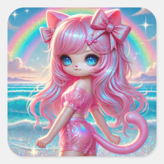 Pastel Sparkle Kitty Quadratischer Aufkleber (Vorderseite)