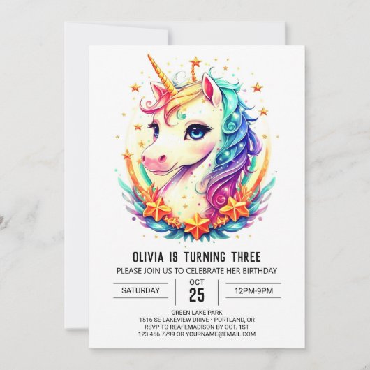 Pastel Sparkling Unicorn Geburtstag Einladung (Vorderseite)