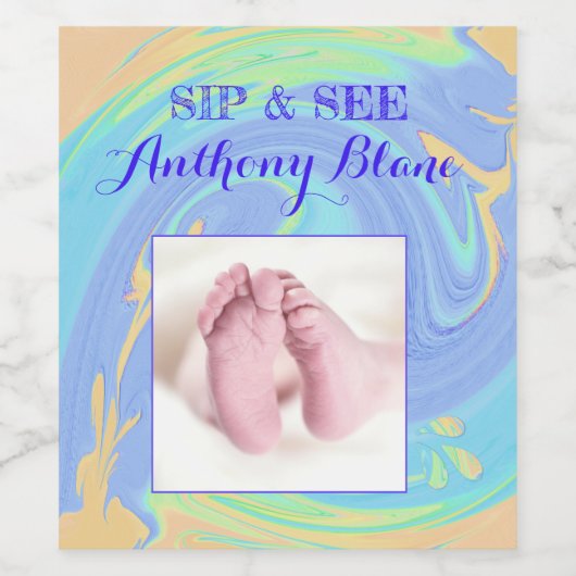 Pastel Spiral Welcome New Baby "Sip & See" Party Weinetikett (Einzelnes Label)