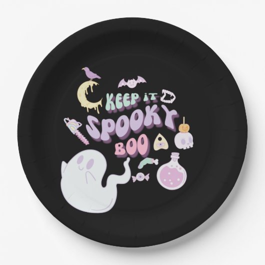 Pastel Spooky Ghost & Gang Black Halloween Pappteller (Vorderseite)