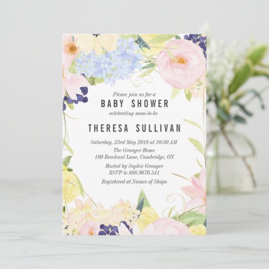 Pastel Spring Flowers Kinderdusche Einladung (Stehend Vorderseite)