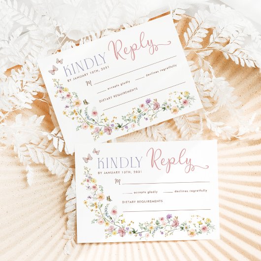 Pastel Spring Wildblume Butterflies Wedding RSVP Karte