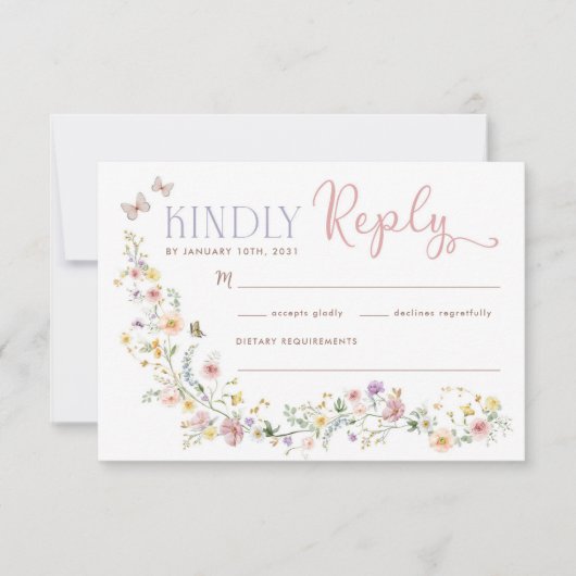 Pastel Spring Wildblume Butterflies Wedding RSVP Karte (Vorderseite)