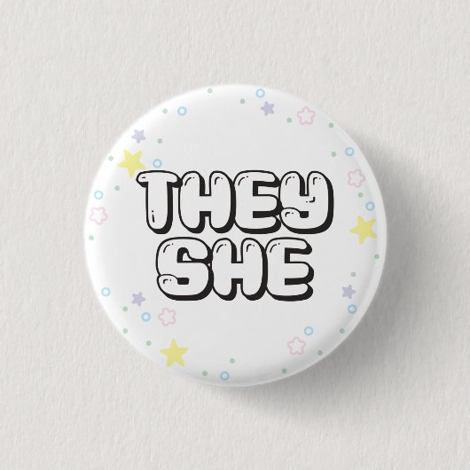Pastel Star Confetti Sie/She Pronouns Button (Vorderseite)