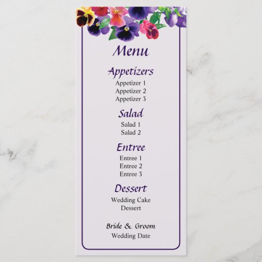 Pastel Stiefmütterchens Wedding Menu Menükarte (Vorderseite)