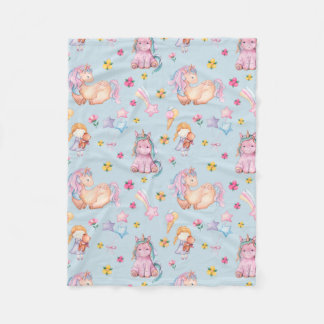 Pastel Storybook Unicorn & Floral Watercolor Fleecedecke