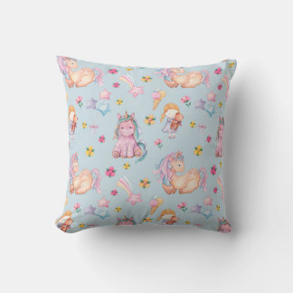 Pastel Storybook Unicorn & Floral Watercolor Kissen