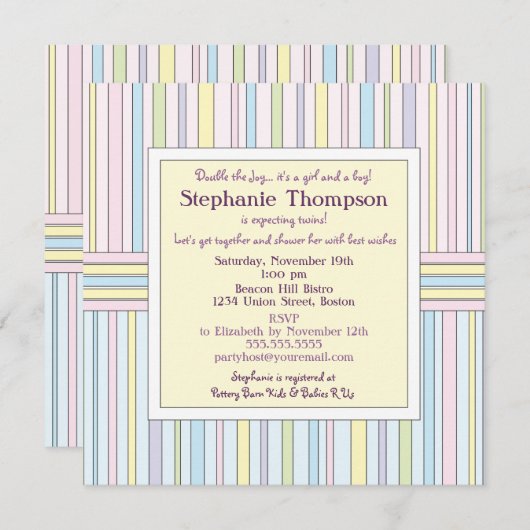 Pastel Streifen Twins Kinderdusche Einladung (Vorne/Hinten)