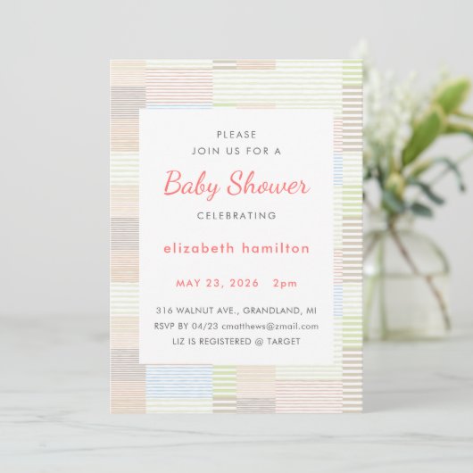 Pastel Stripes Patchwork Baby Shower Invitation Einladung (Stehend Vorderseite)
