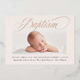 Pastel Subtle Cross-One-Foto Taufe Rose Gold Folieneinladung