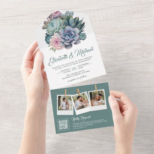 Pastel Succulent Ampersand QR Code Hochzeit All In One Einladung (Abreißen)