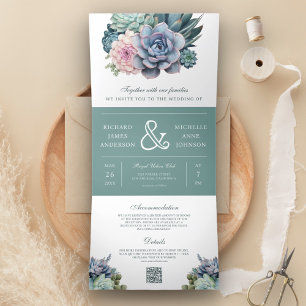 Pastel Succulent Ampersand QR Code Hochzeit Dreifach Gefaltete Einladung