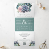 Pastel Succulent Ampersand QR Code Hochzeit Dreifach Gefaltete Einladung (Innenseite)